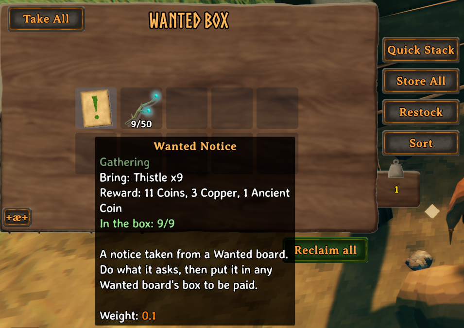 The box with a gathering notice and the nine thistles it asks for, "In the box: 9/9"
