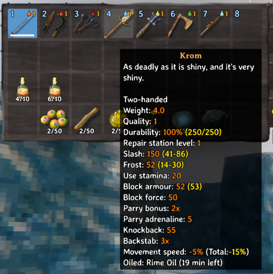 An oiled weapon in the bag, and its tooltip