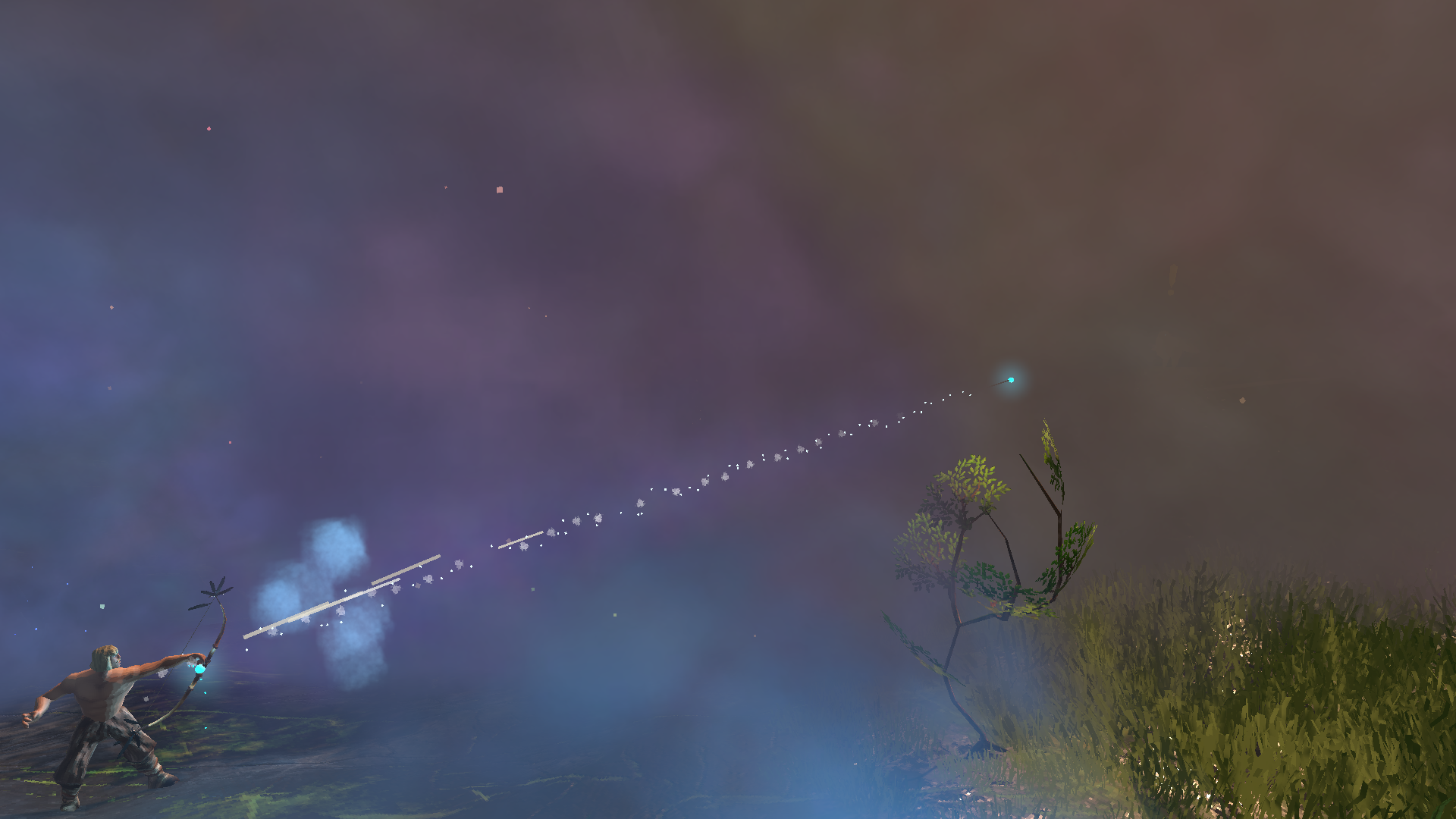 A Wisplight arrow leaving the bow, its wisp trailing through thick mist