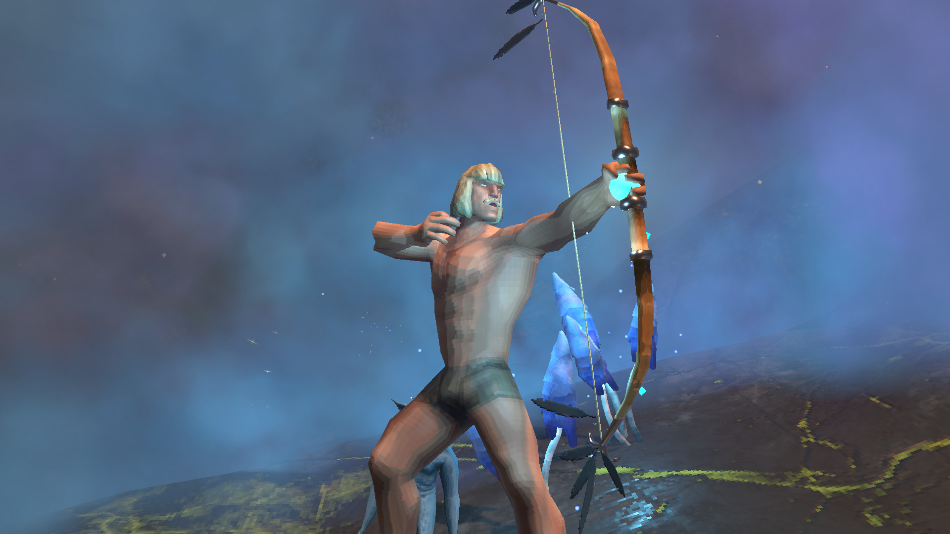 At full draw, the wisp glowing at the bow hand