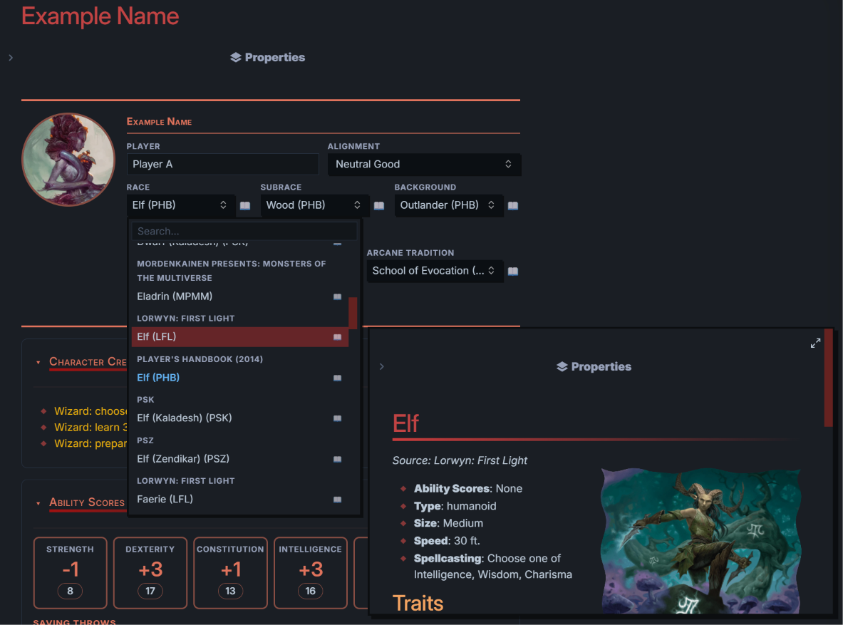 Race menu with the compendium note preview