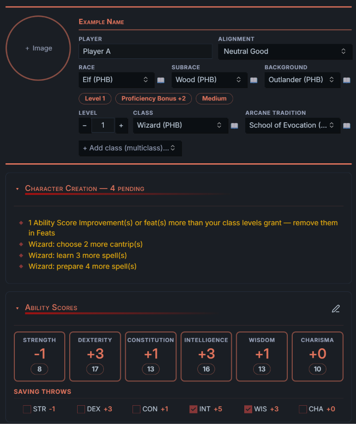 Character sheet: portrait, race, class and ability scores