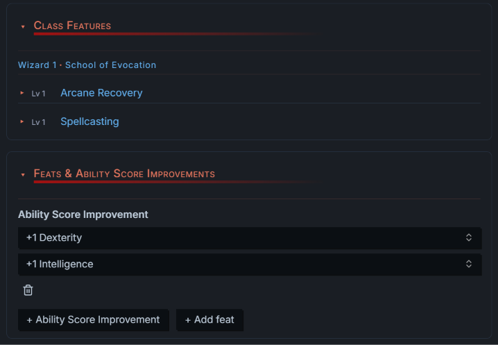 Class features, feats and ability score improvements