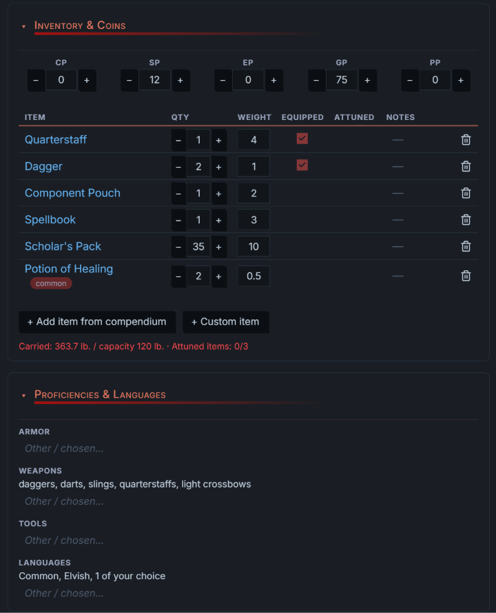 Inventory, coins, proficiencies and languages