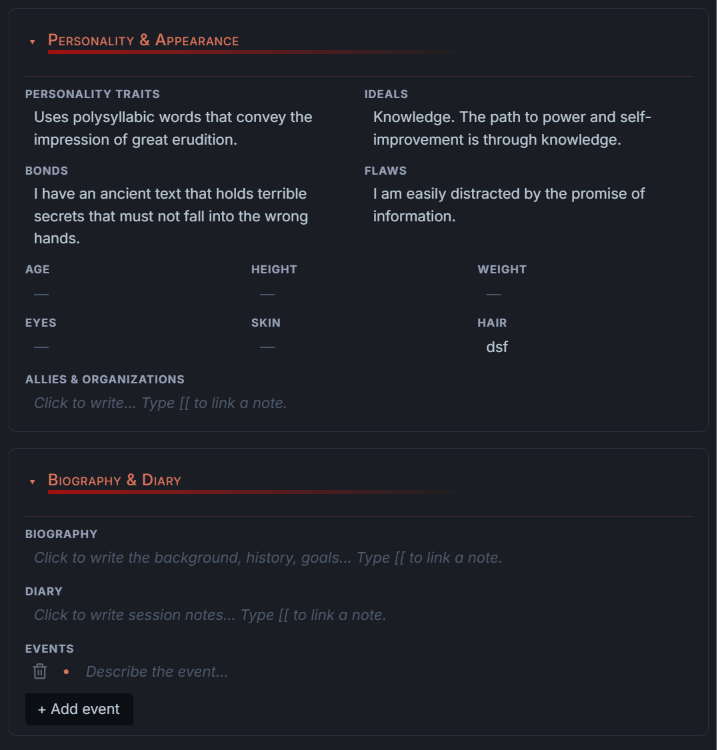 Personality, appearance, biography, diary and events
