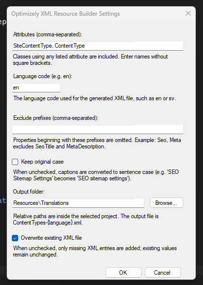 Optimizely XML Resource Builder Settings