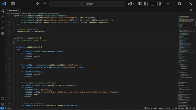 Instant Count live demo: real-time counting with gutter badges in VS Code