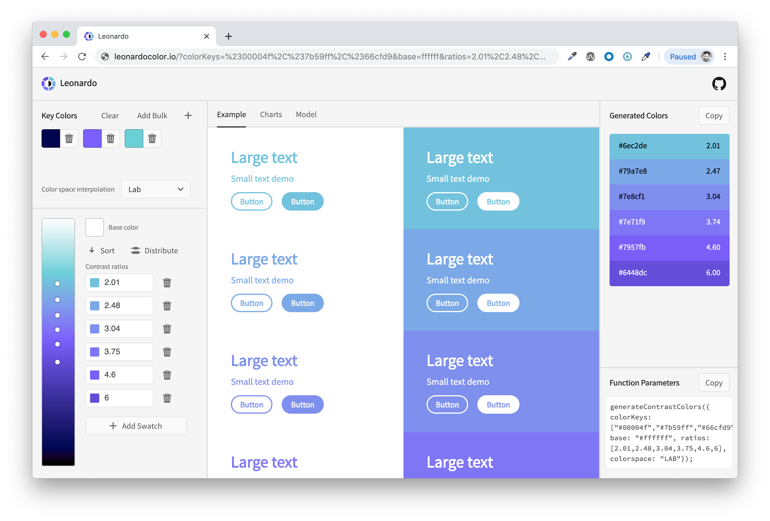 Leonardo web app with color inputs, interpolated gradient, contrast ratio input, and demo of colors applied to text and a button.