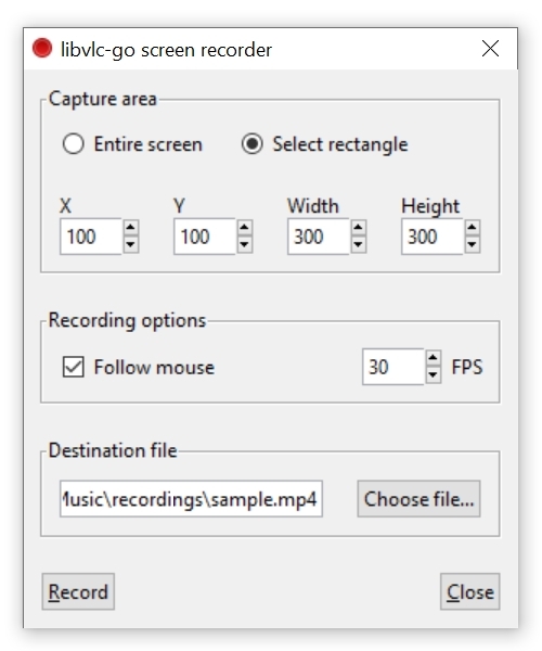libvlc-go GTK 2 screen recorder example