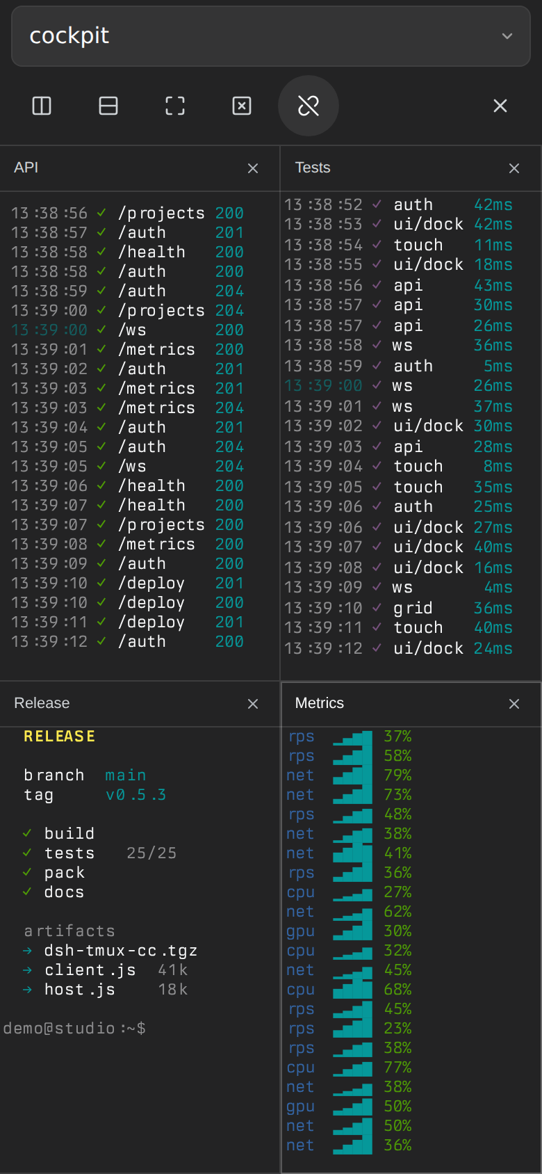 dsh-tmux-cc mobile cockpit preserving the complete four-pane tmux grid