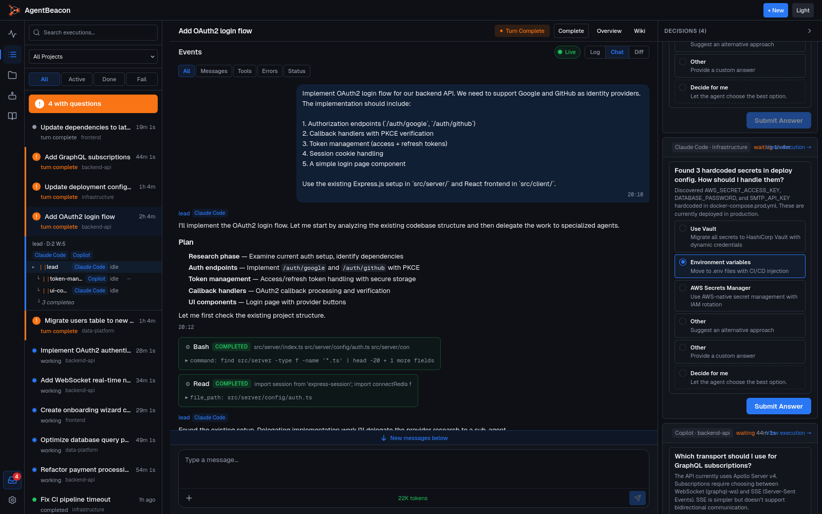 AgentBeacon — execution detail showing agent chat, tool calls, delegations, and structured decisions