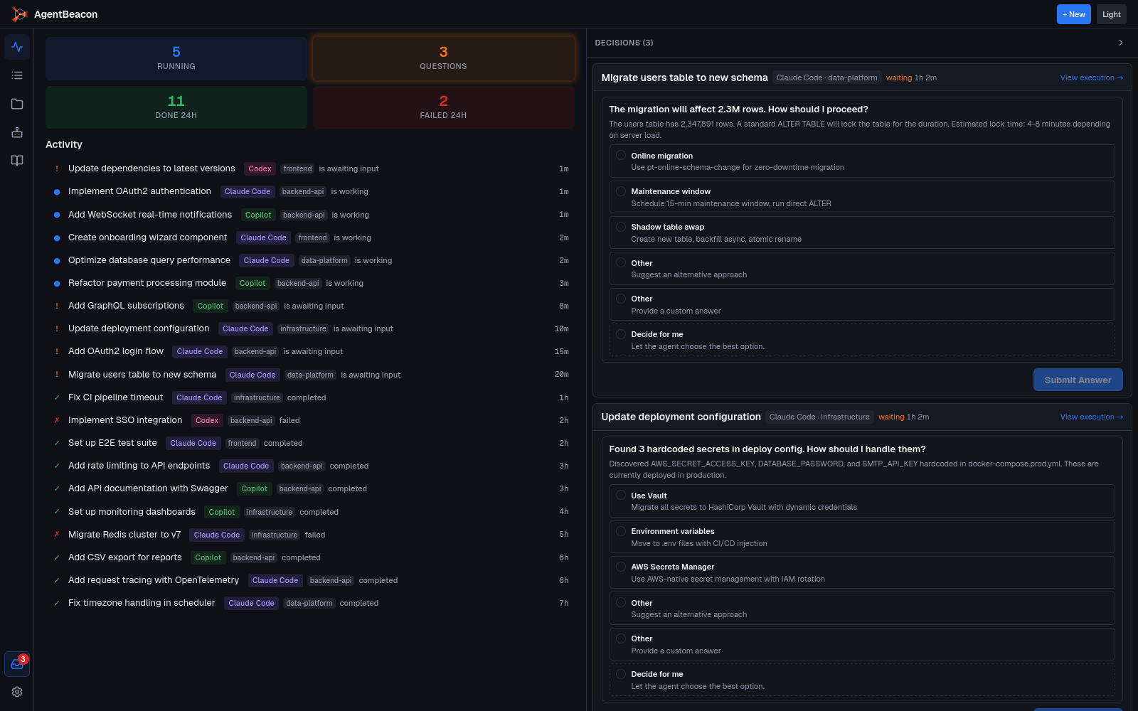 AgentBeacon — ops dashboard with activity feed, agent badges, and decision queue