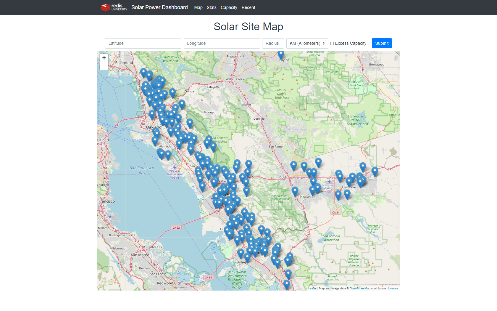 Preview of running application - Solar Site Map with markers
