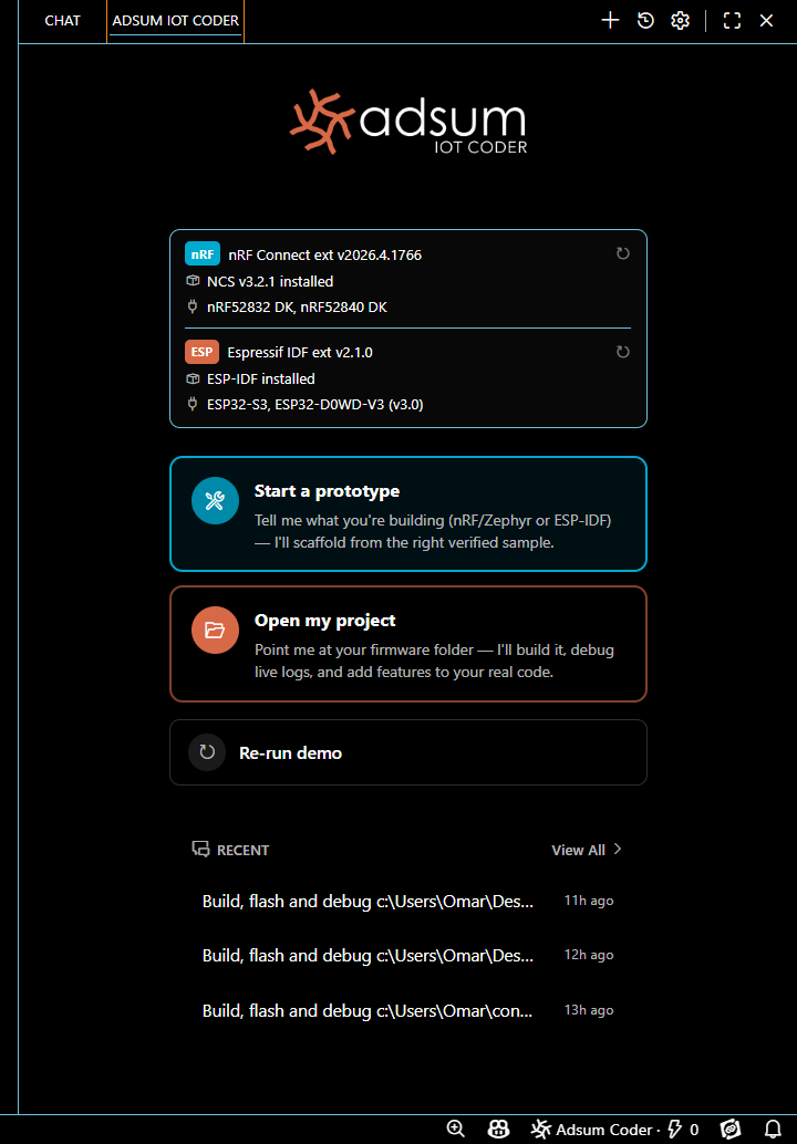 Adsum IoT Coder panel in VS Code: automatic detection of Nordic nRF (nRF Connect SDK) and Espressif ESP (ESP-IDF) toolchains and boards, with one-click workflow cards
