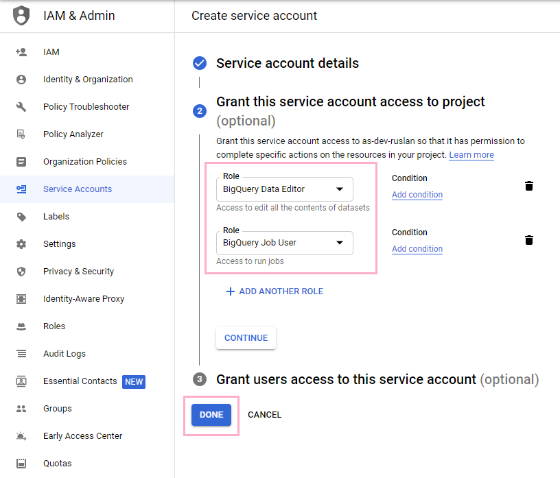 Grant this service account access to the project