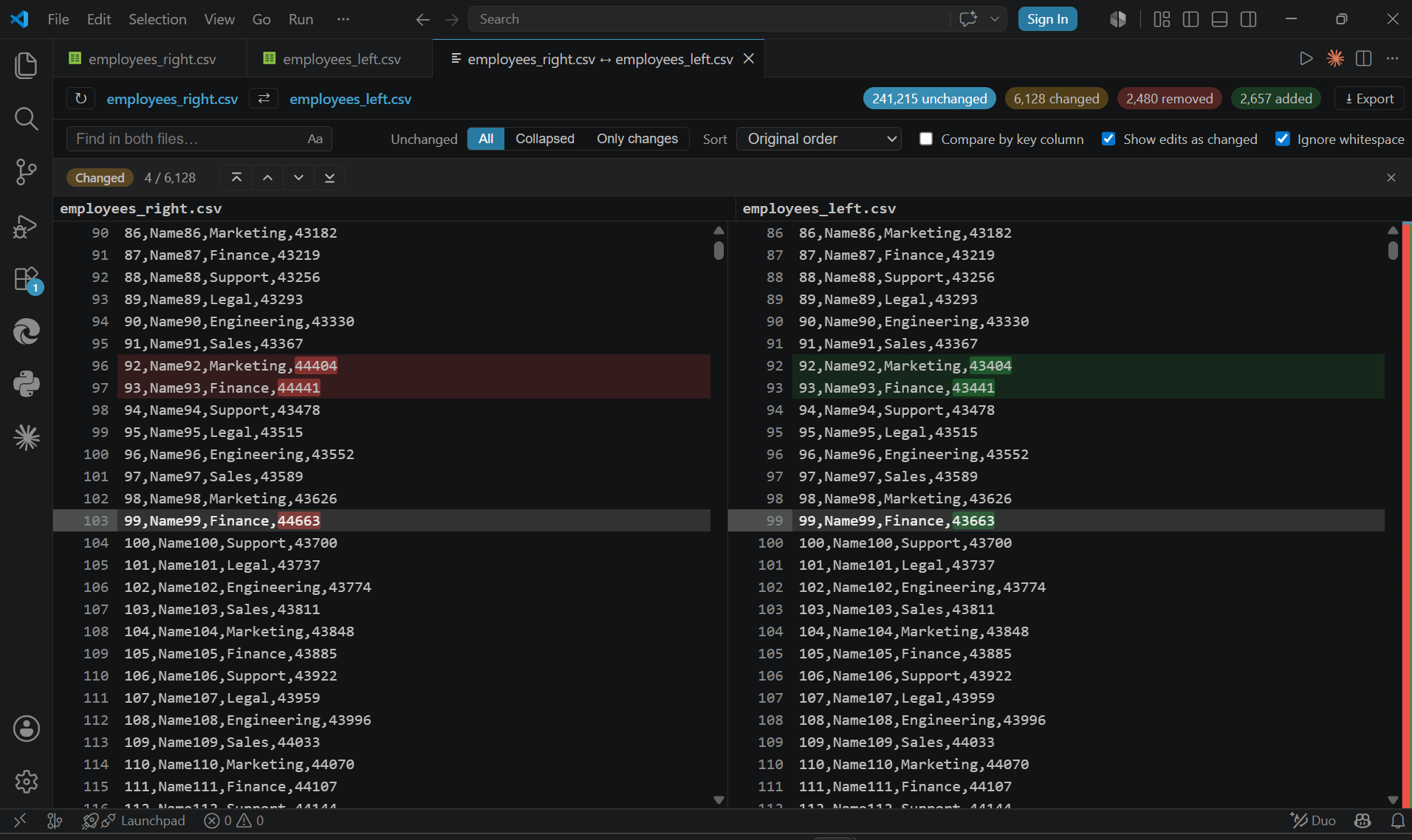 Large File Compare — side-by-side diff of two CSV exports, with changed values highlighted inline and a live unchanged/changed/removed/added summary