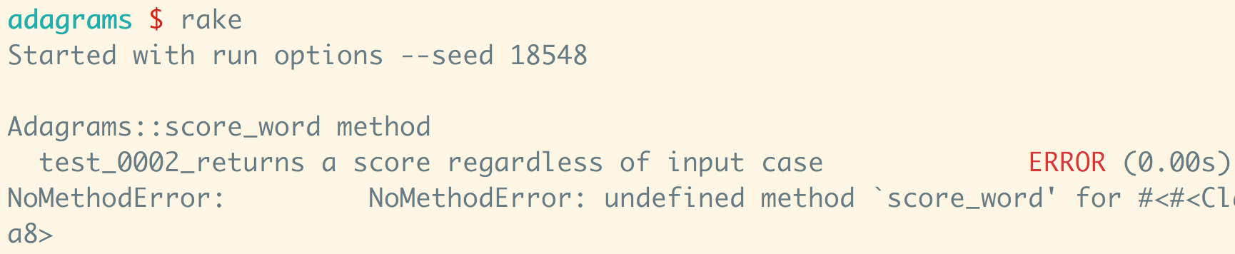 failing tests error stack trace that reads "no method defined"