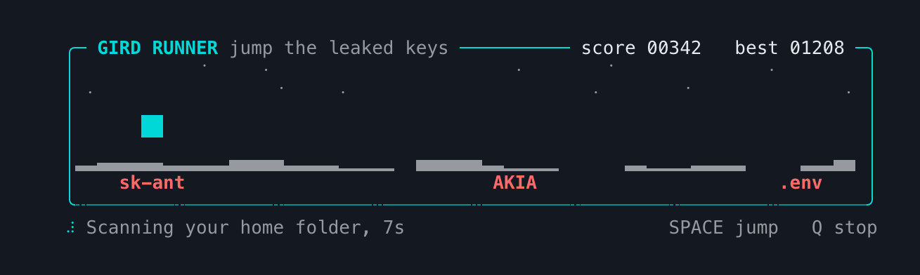 GIRD Runner: a teal runner jumping red leaked keys such as AKIA and .env in a bordered arena, with the scan timer below