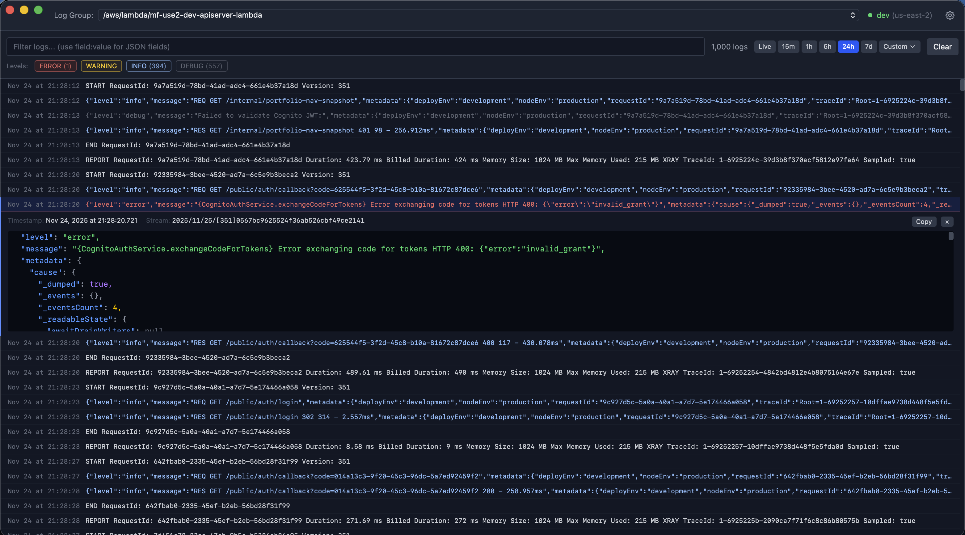 demo screenshot of aws loggy