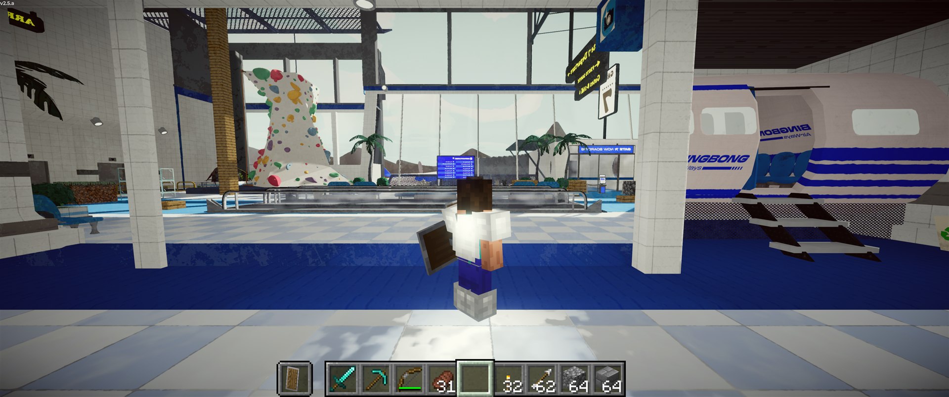 Third person in PEAK's airport with a Minecraft skin and shield