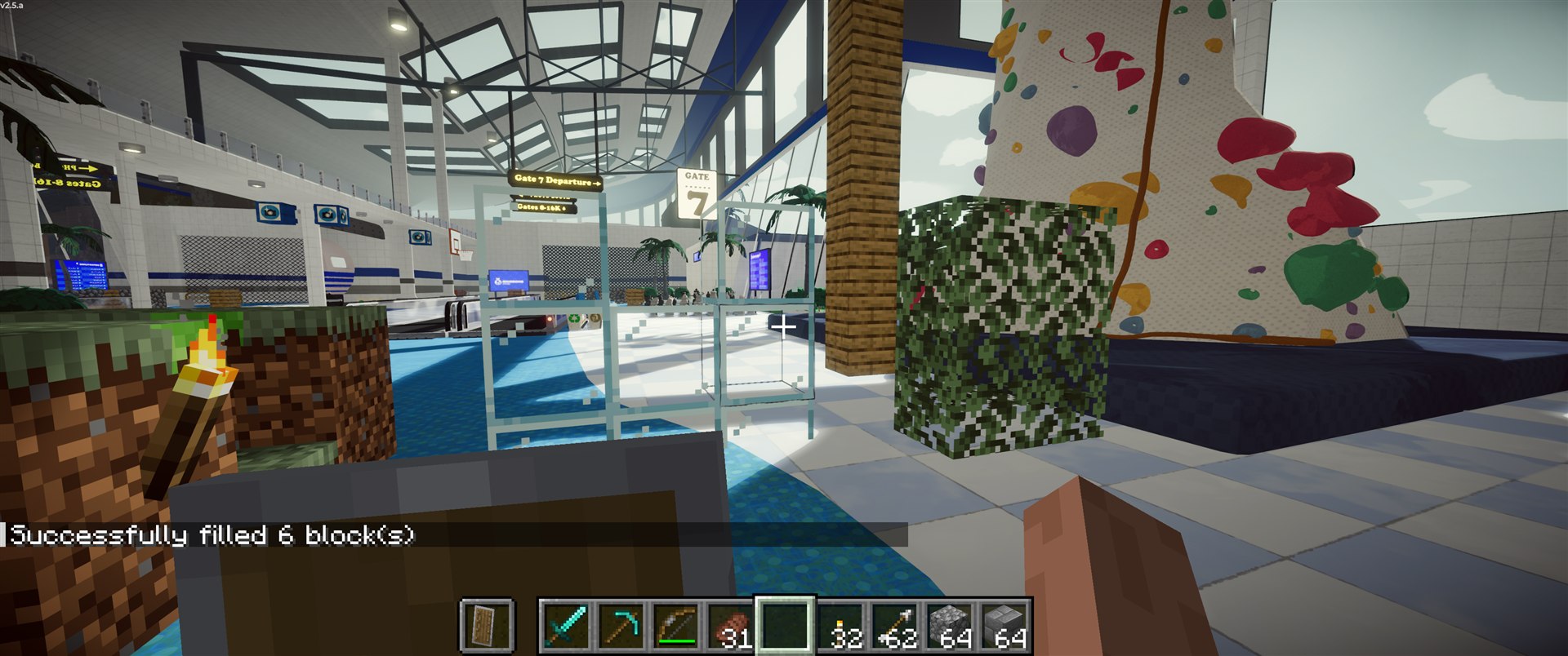 Glass, leaves, a torch and planks placed in the airport