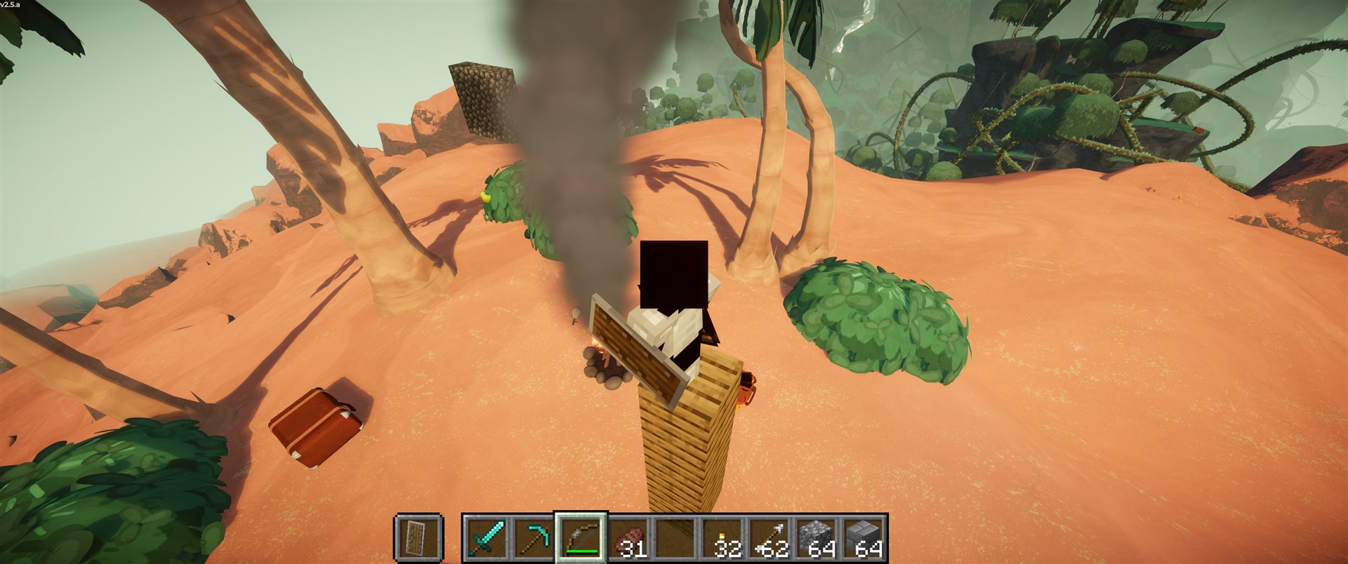 PeakCraft: a Minecraft player on a tower of planks on PEAK's beach, with the Minecraft hotbar