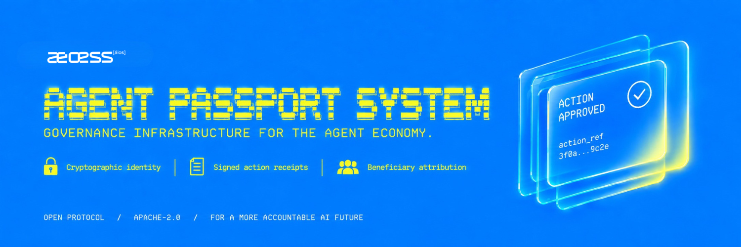 Agent Passport System banner. Verifiable agent authority and action evidence. Cryptographic identity, scoped delegation, signed action receipts.