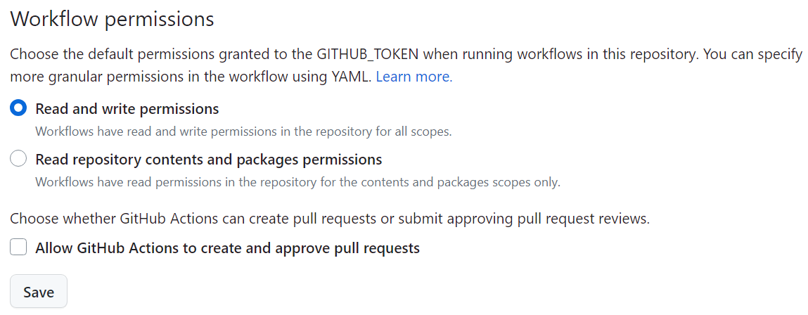 Screenshot of the Workflow permissions setting in a GitHub Repository