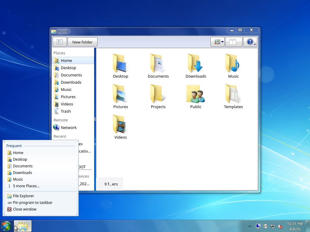 Taskbar jump list