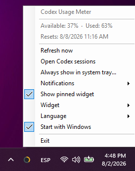 Codex Usage Meter tray menu in English