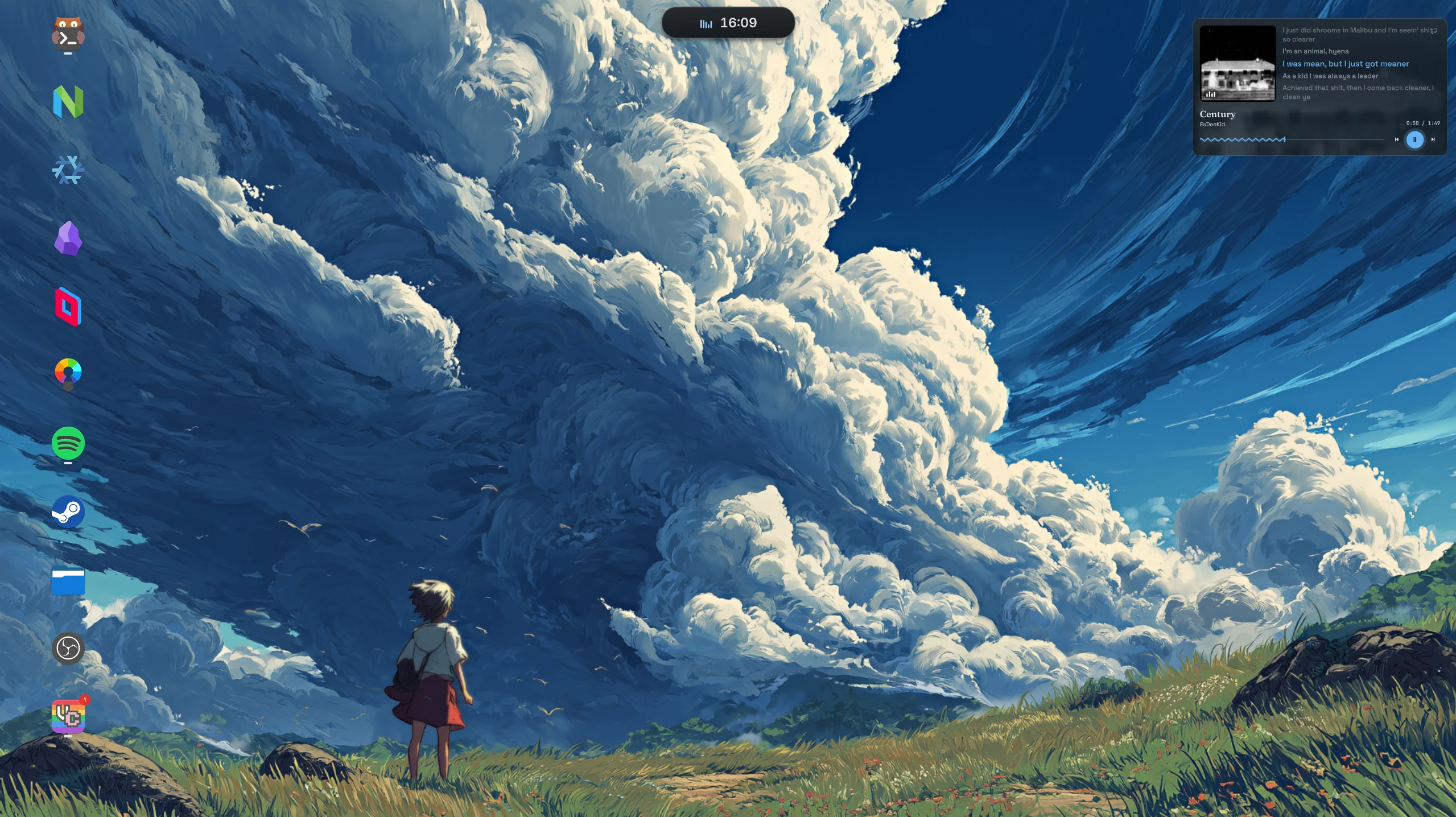 Blue Ryoku desktop with a minimal launcher and media widget