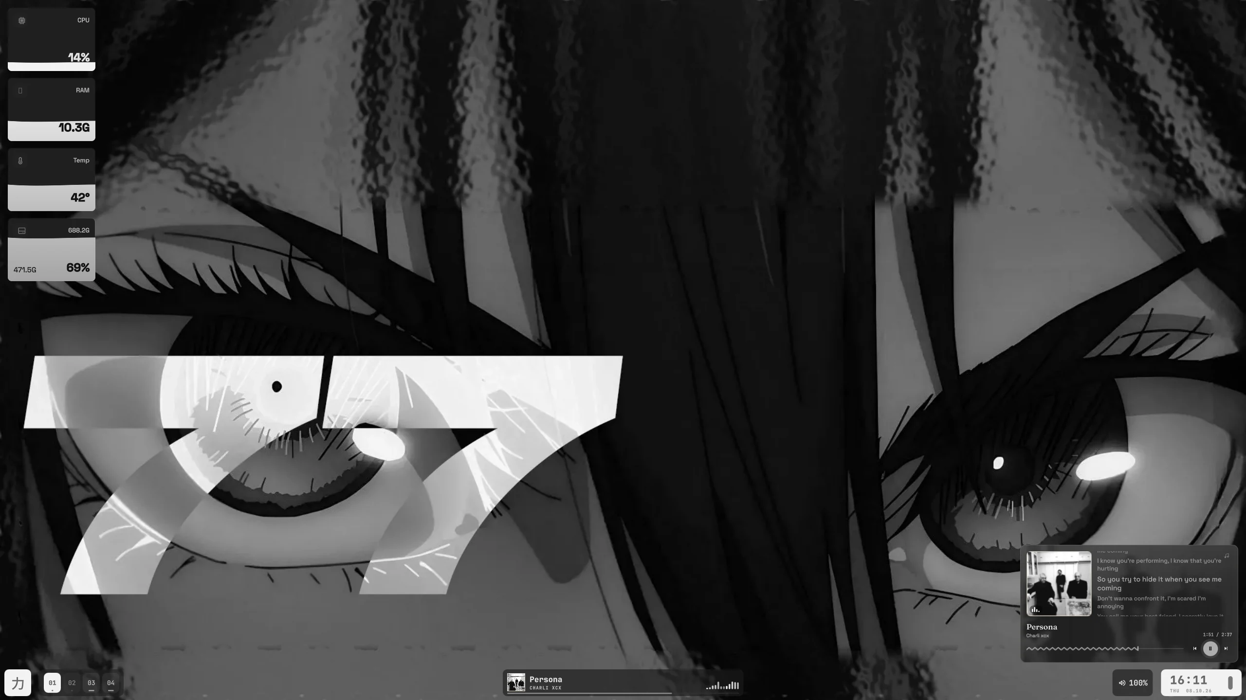 Monochrome Ryoku desktop with large typography and system widgets