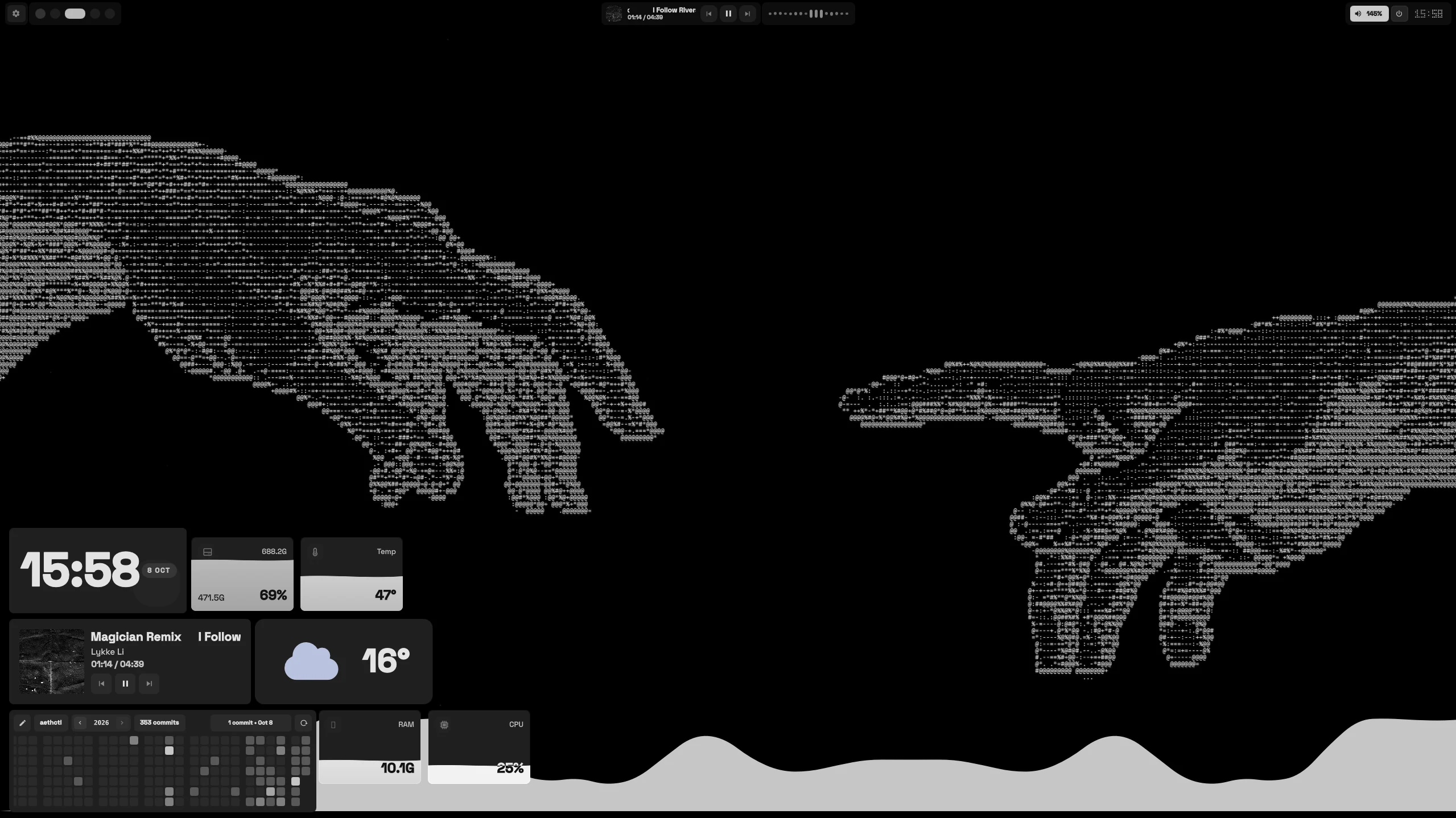 Monochrome Ryoku desktop with widgets and ASCII artwork