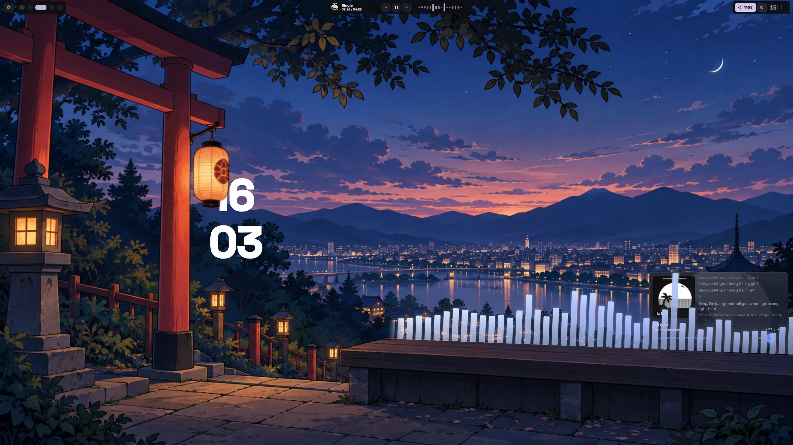 Ryoku desktop with a Japanese sunset landscape