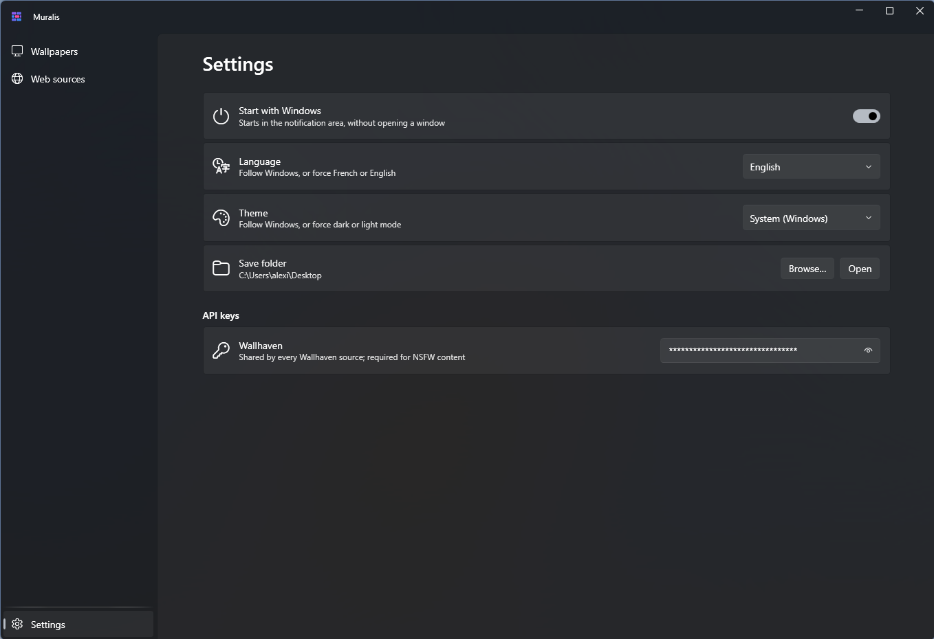 Settings page