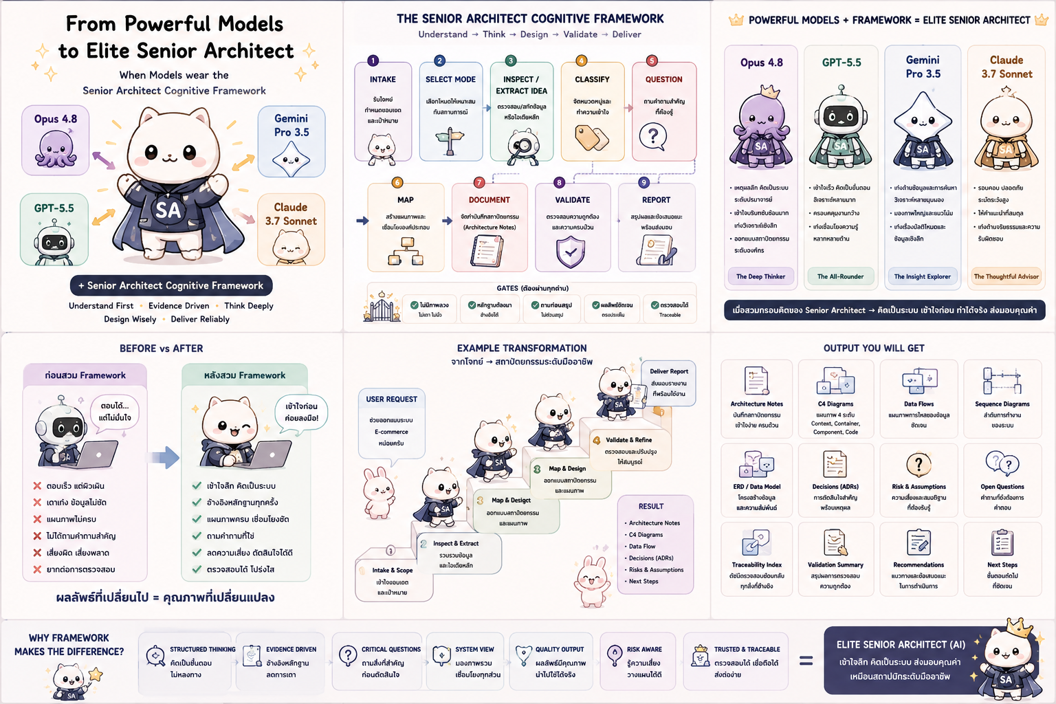 From powerful models to elite senior architect infographic showing models wearing the Senior Architect cognitive framework