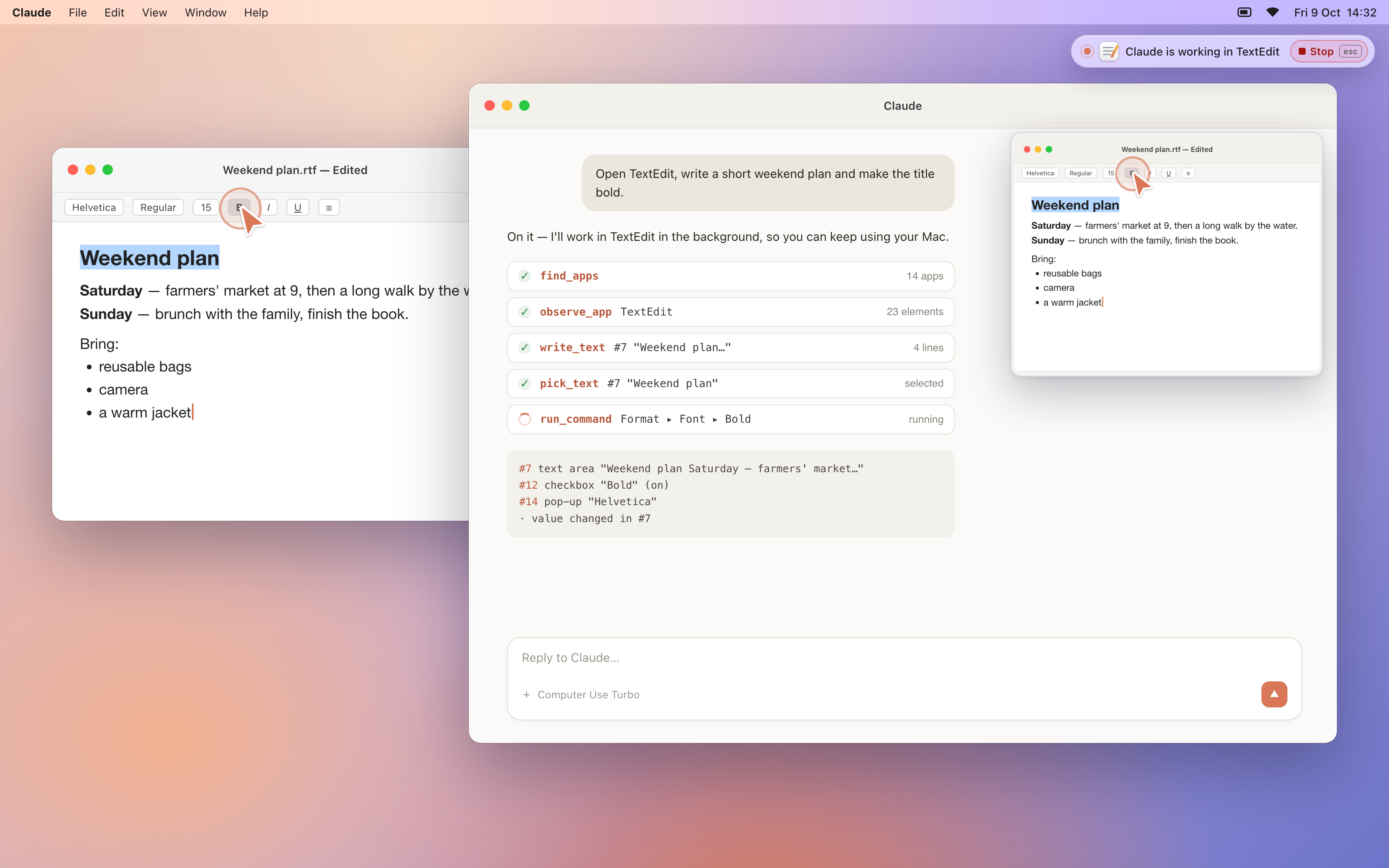 An agent working in TextEdit in the background: the status pill at the top right, and the live preview with the agent