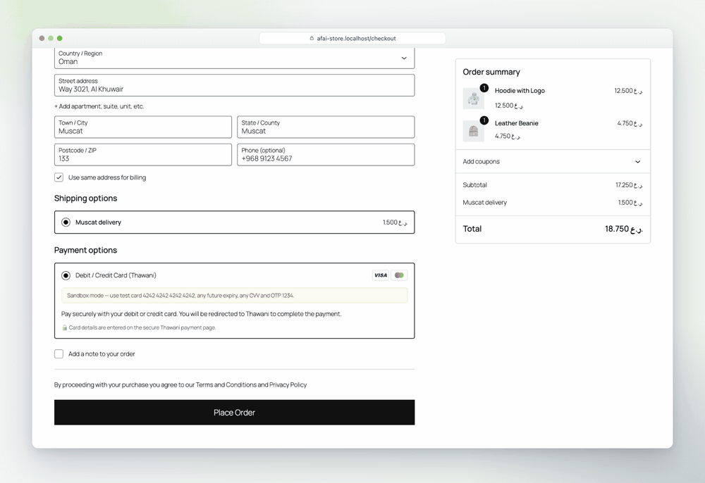 Checkout → Thawani payment page → OTP → confirmed order → order screen