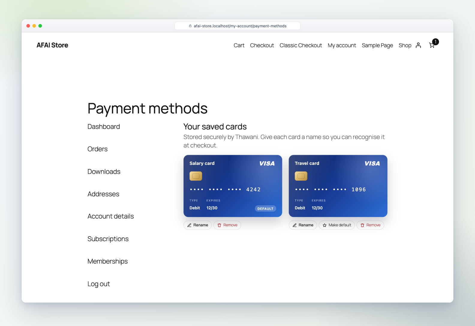 Saved cards shown as bank cards in My account