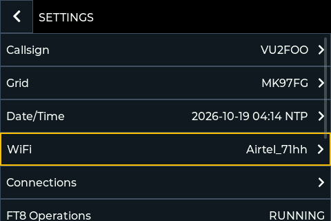 SET on the front panel, the WiFi row showing the network
