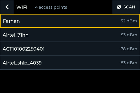 The front panel's WiFi screen: the networks heard, the strongest first