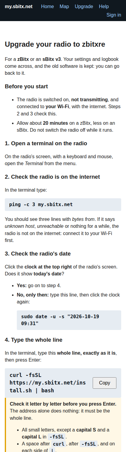 The Upgrade page, for a radio's first install