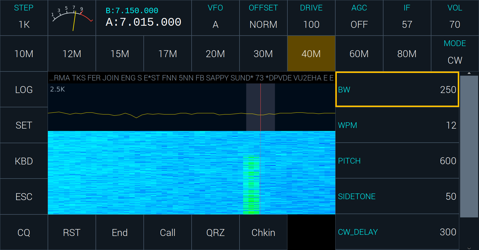 CW on 40 metres, with the macros on the bottom row