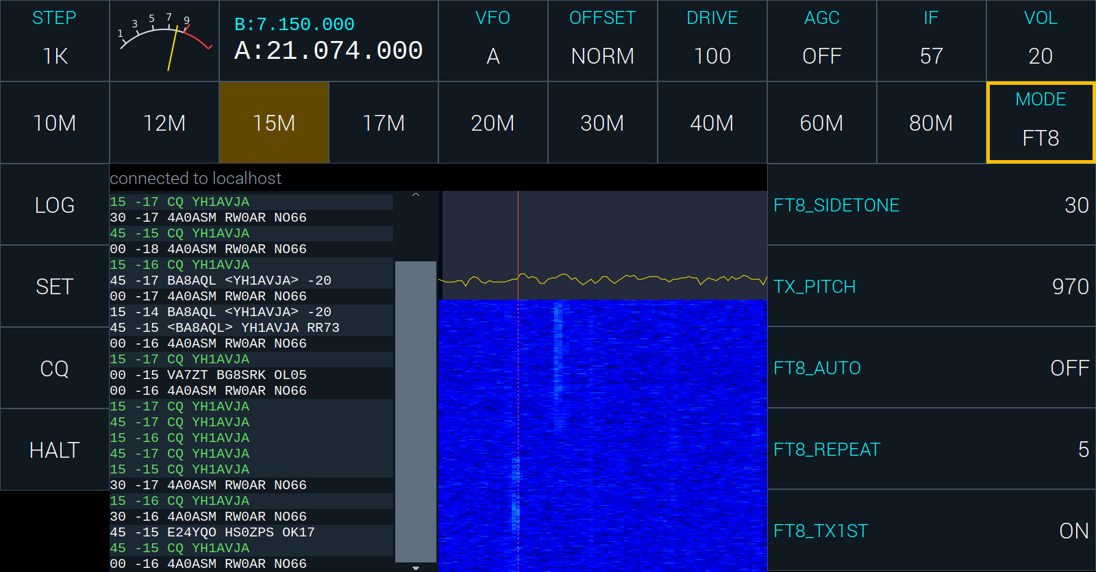 FT8: the messages copied on the left, the passband on the right