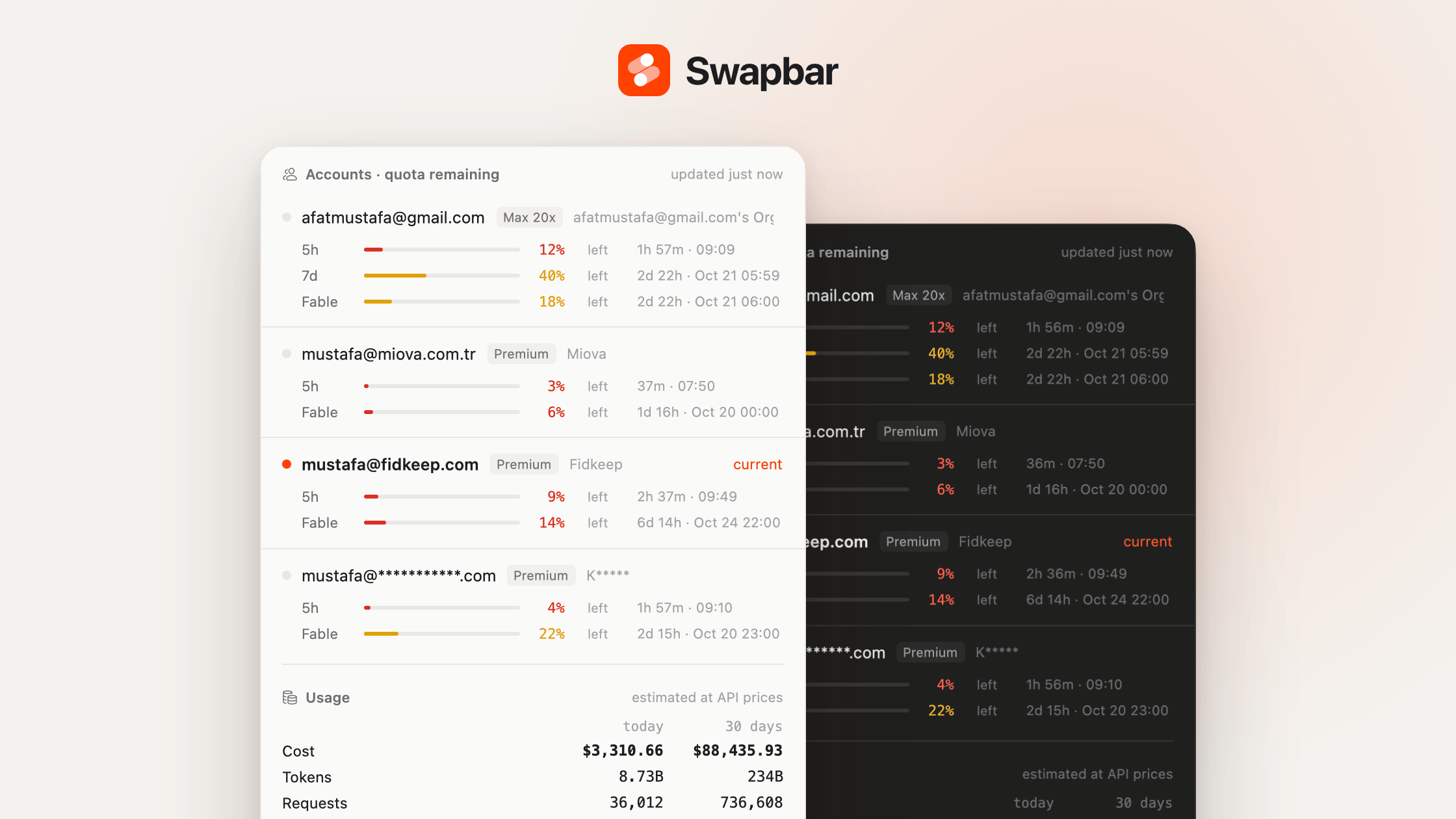 Swapbar: the menu bar popover in light and dark mode, showing four Claude accounts with plan badges, 5h and Fable quotas, and token cost