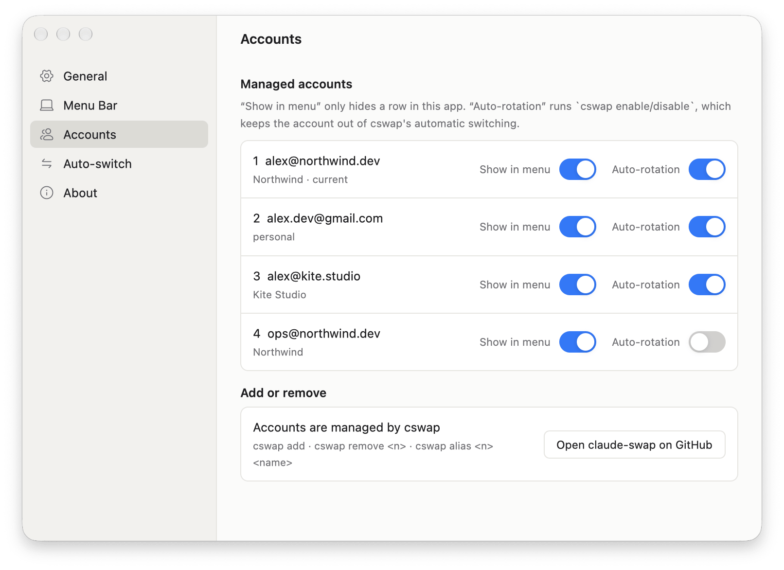 Accounts settings