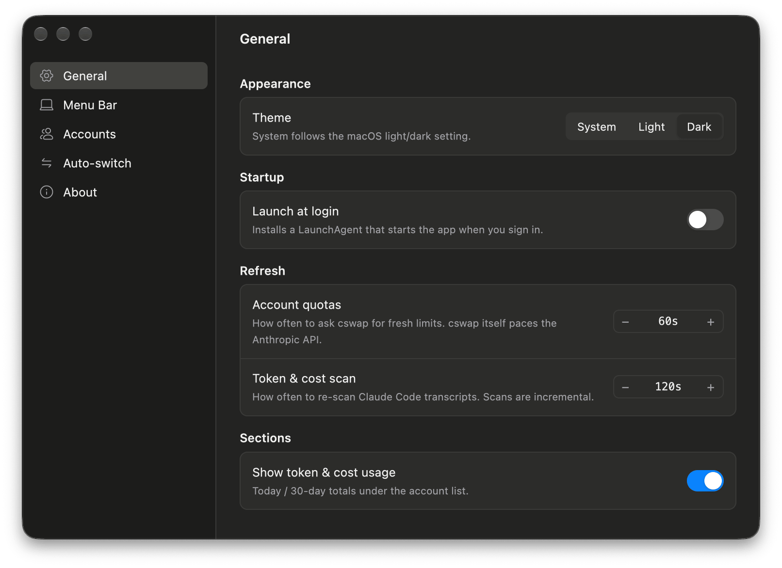 General settings in dark mode