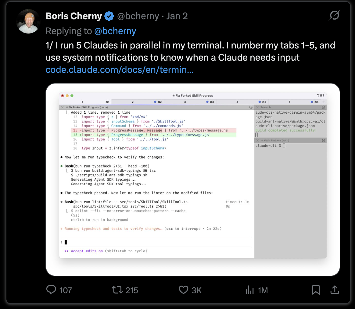 Terminal screen showing 5 Claude Code instances running parallel tasks simultaneously