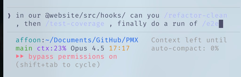 Screen showing chained execution of /refactor-clean → /test-coverage → /e2e commands in Claude Code