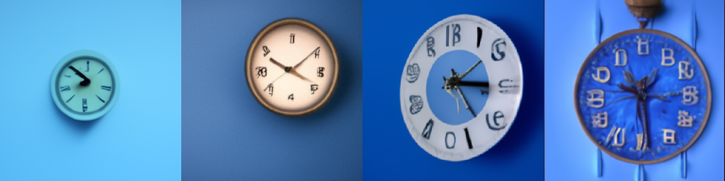 an analog clock hanging on a blue wall